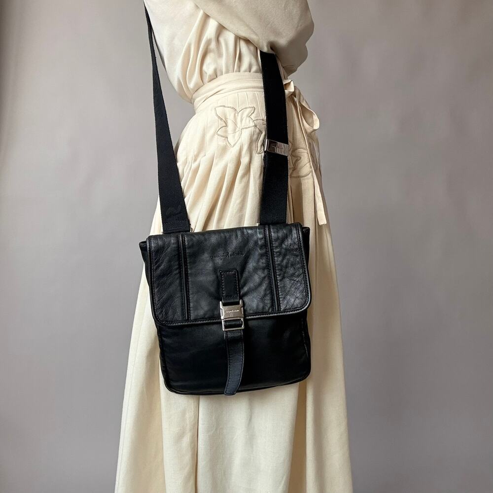 Vintage Salvatore Ferragamo Black Leather Messenger Crossbody Bag